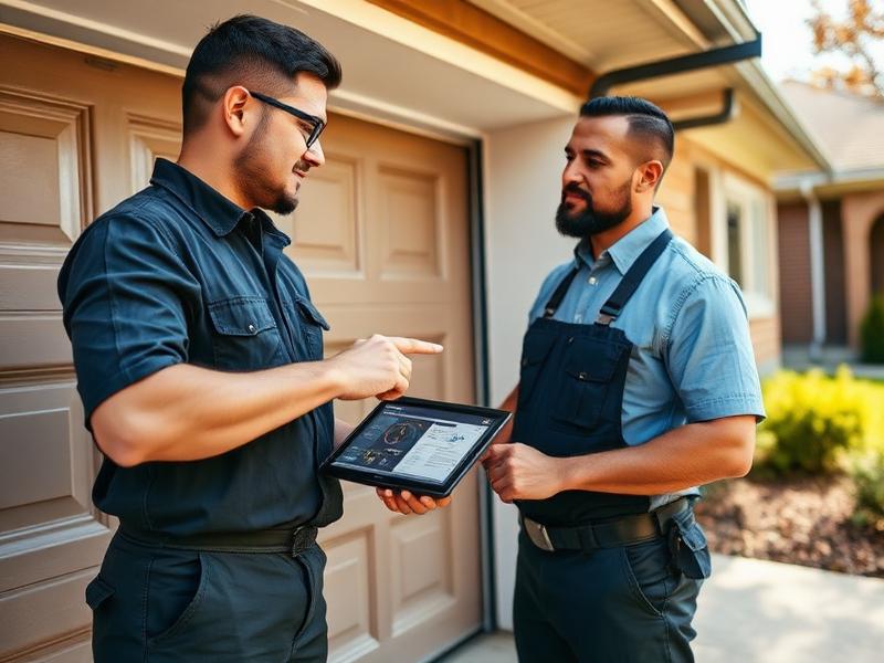 Certified Garage Door Tomball technician explaining repair options to a homeowner in their garage
